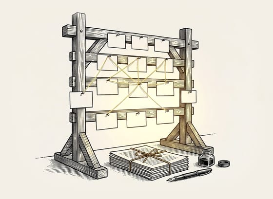 Engraving of a timber frame with index cards pinned in rows and linked by golden threads, a tied manuscript and fountain pen below