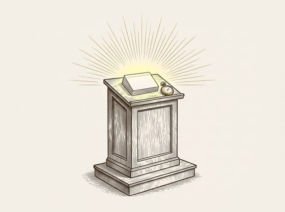 Engraving of a wooden lectern with a stack of cue cards and a brass stopwatch, golden rays spreading from it